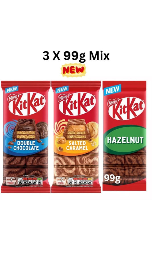 NEW KIT KAT SHARING BARS SALTED CARAMEL,DOUBLE CHOCOLATE & HAZELNUT 3 X 99g Mix