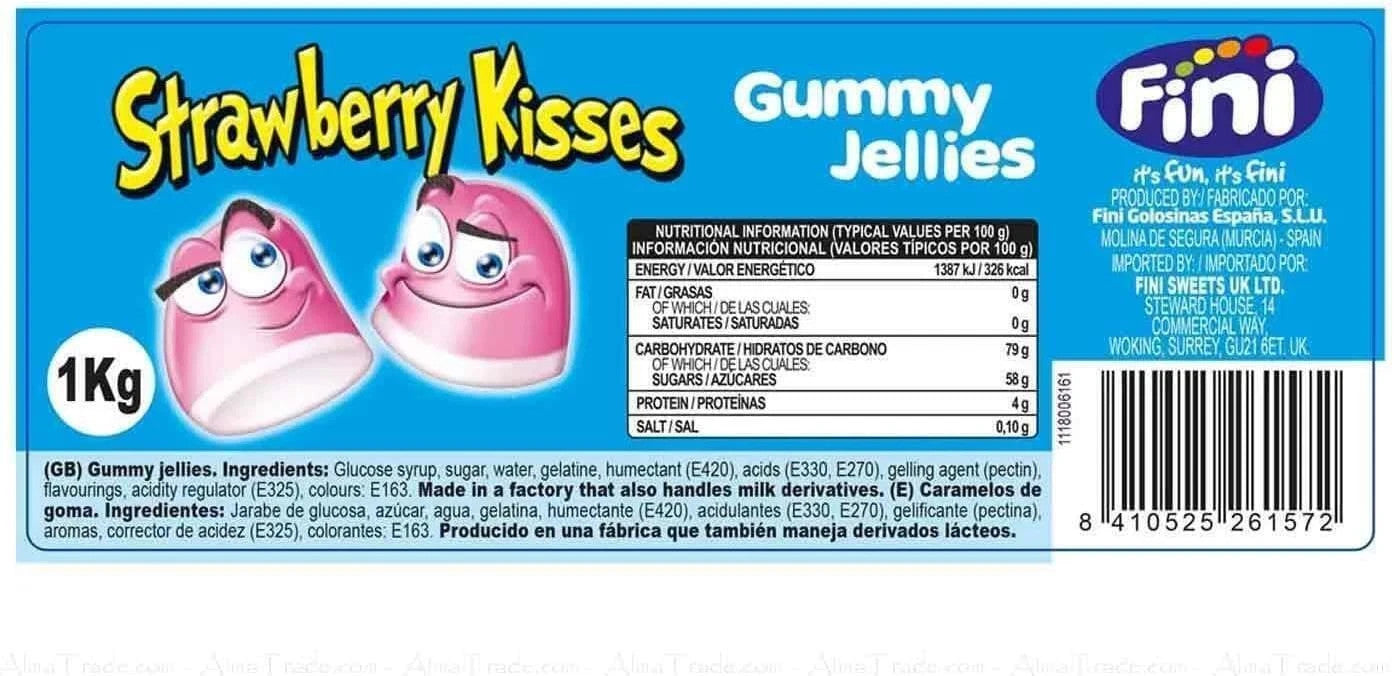 Fini Strawberry Kisses Tub Kids Party Bag Candy Gummy Jellies Sweets 500g & 1kg
