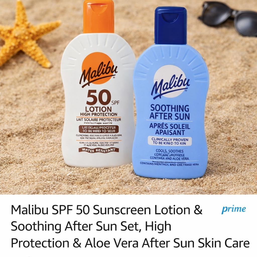 Malibu SPF50 Sunscreen Lotion After Sun AloeVera Cooling Soothing Set 200ml each