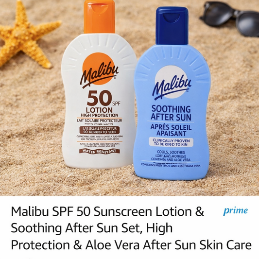 Malibu SPF50 Sunscreen Lotion After Sun AloeVera Cooling Soothing Set 200ml each