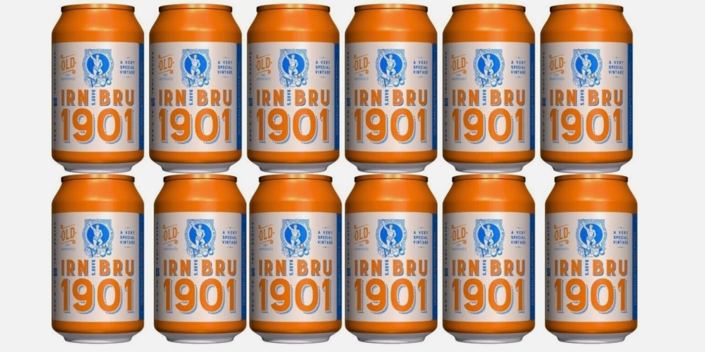 IRN BRU 1901 FULL SUGAR ORIGINAL 12 X 330ML CANS NEW CAN DESIGN VINTAGE BREW