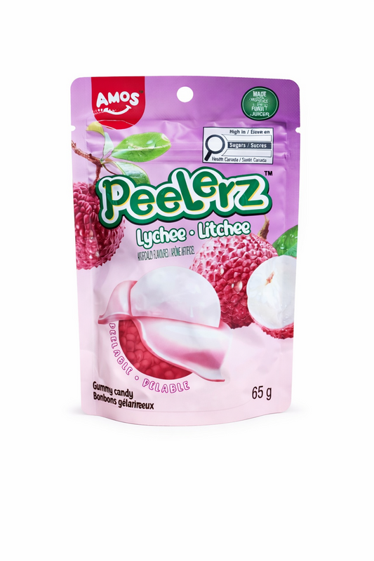 AMOS Peelz Gummy Candy Banana & Lychee Peelable 65g 2-2 each flavour bag