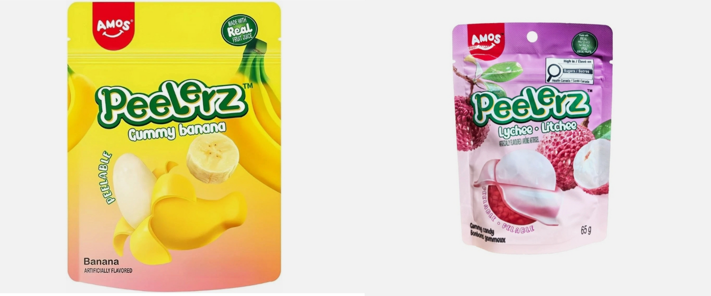 AMOS Peelz Gummy Candy Banana & Lychee Peelable 65g 2-2 each flavour bag