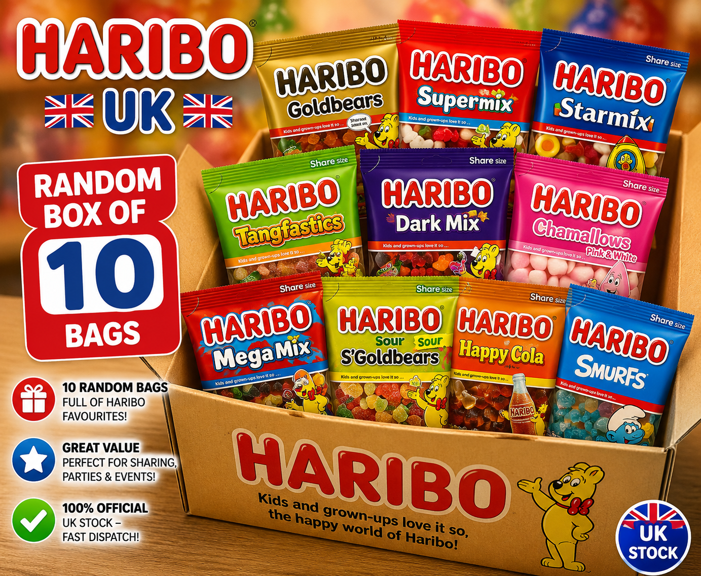 Haribo UK Mystery Box – 10 Random Bags of Haribo Sweets | Pick & Mix Favourites | Gift Box