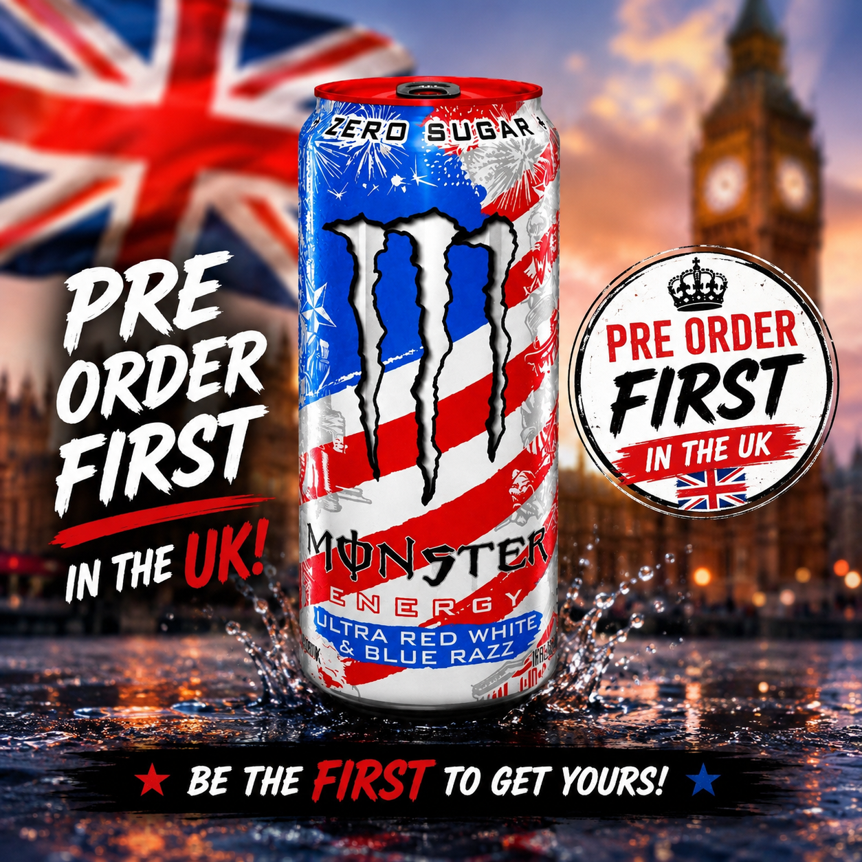 New Pre Order Monster Energy Red, White & Blue Razz - Pack of 6 x 16oz