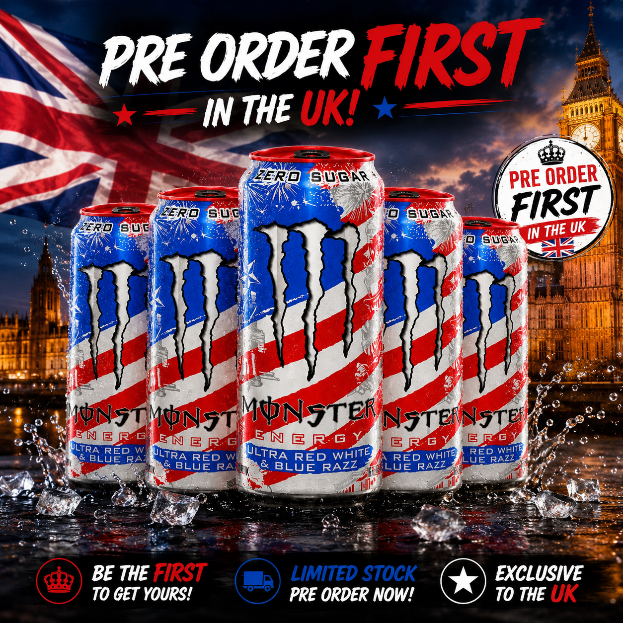 New Pre Order Monster Energy Red, White & Blue Razz - Pack of 6 x 16oz